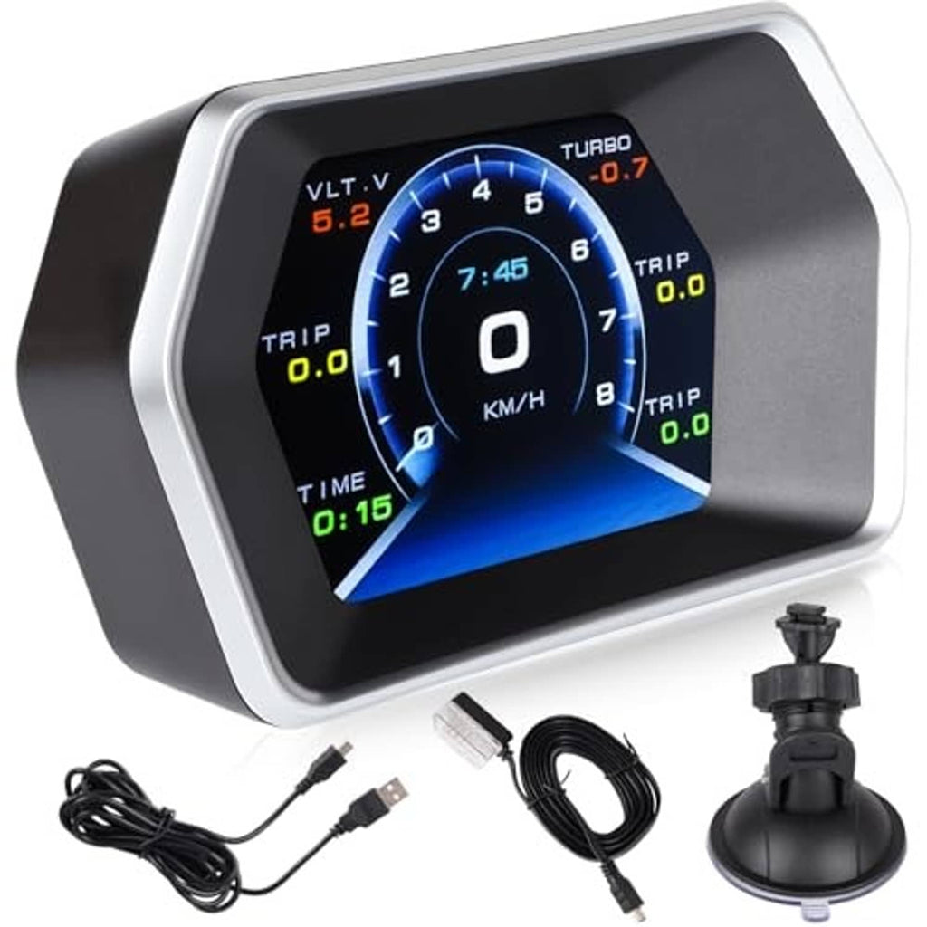 Car HUD display unit with multicolor speed gauge screen and suction mount