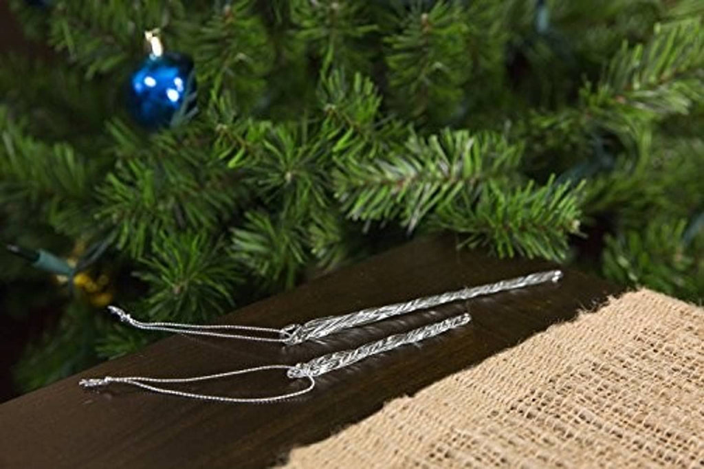 Clear glass icicle ornament pair with twisted ridges and silver-tone hanging loops