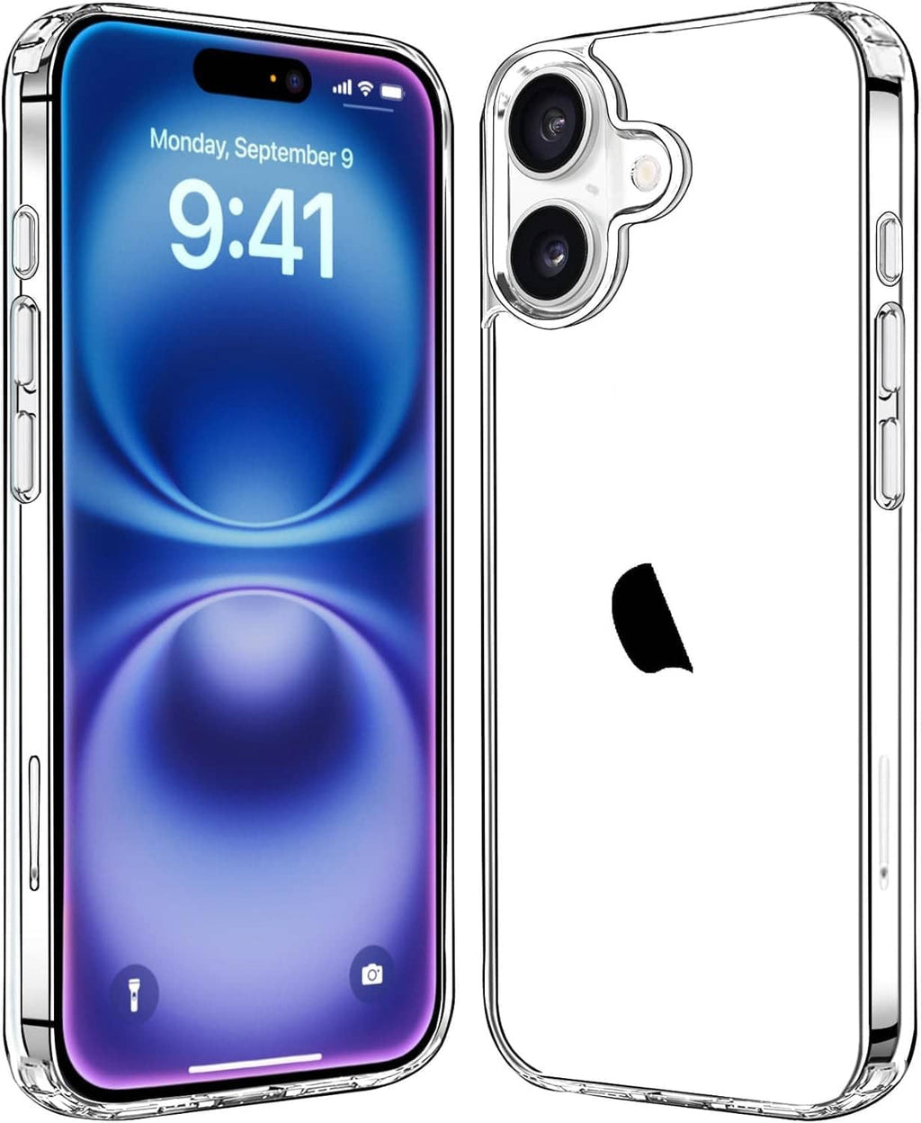 Clear shockproof phone case with button covers, front and back view on phone