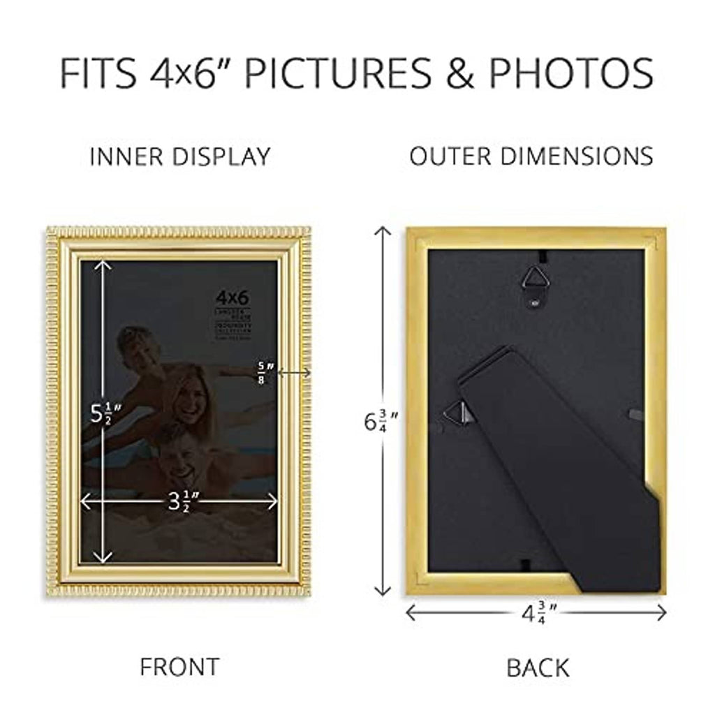 Gold 4x6 picture frame showing inner display and outer dimensions