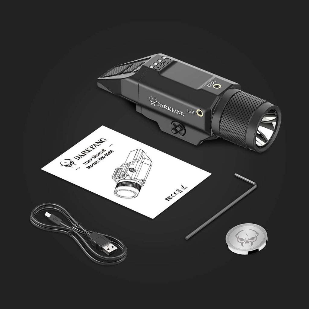 Black laser flashlight kit with charging cable, tool wrench, and instruction card