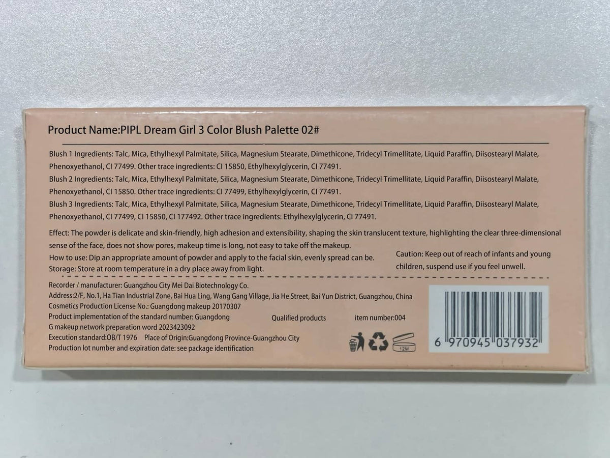 Back of a 3-color blush palette package with product and ingredient label