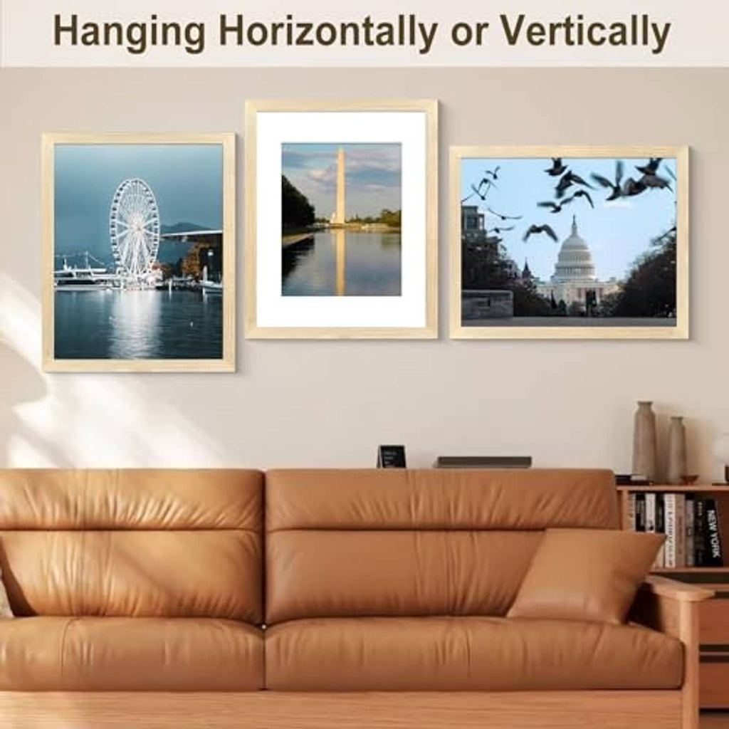 Natural wood picture frames with hanging options for horizontal or vertical display