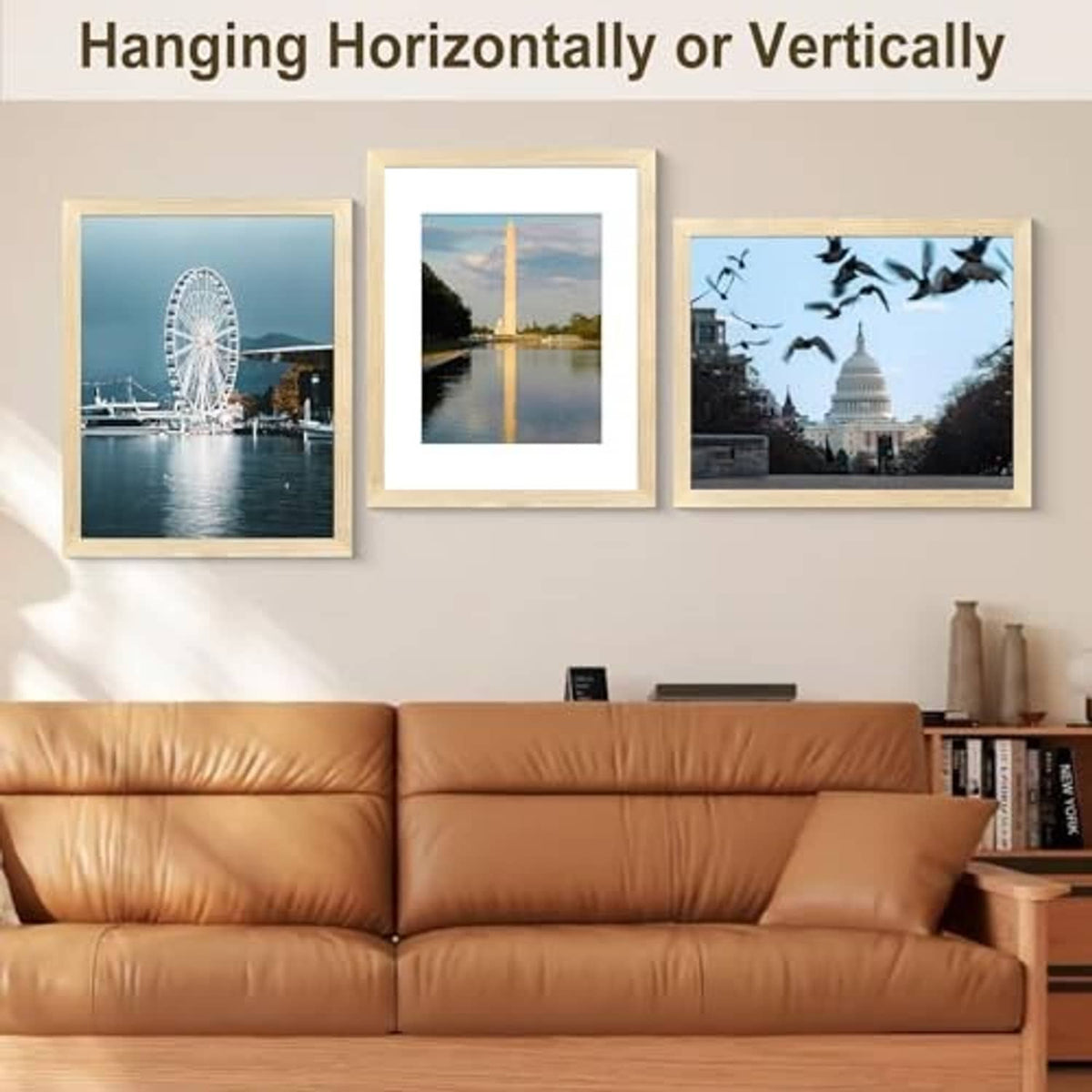 Natural wood picture frames with hanging options for horizontal or vertical display