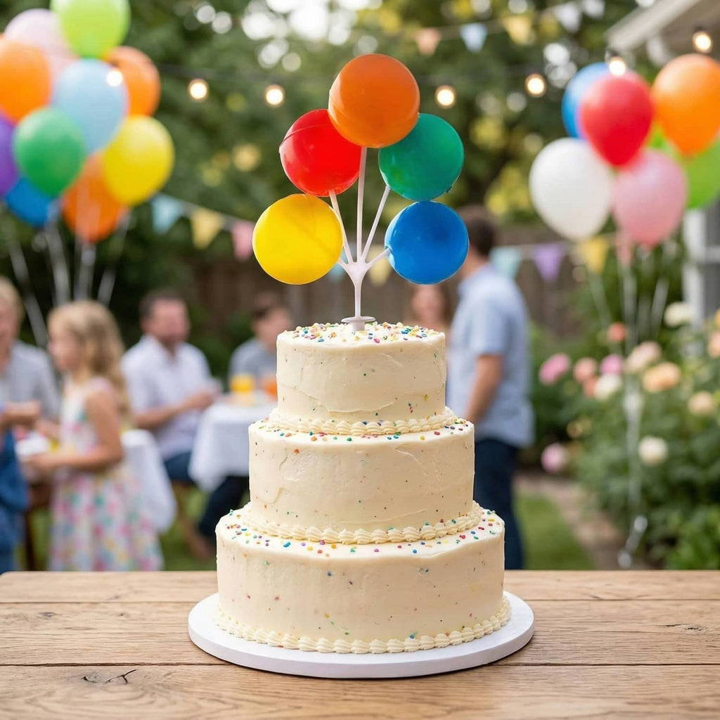 Balloon cake topper on a cake with orange, red, green, yellow, and blue round balloons