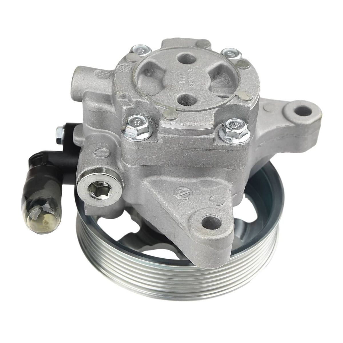 Power steering pump with pulley, silver-gray pump body and ribbed belt pulley front view.