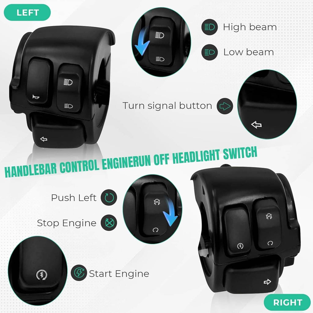 Left and right handlebar switch controls with turn-signal and beam selection buttons