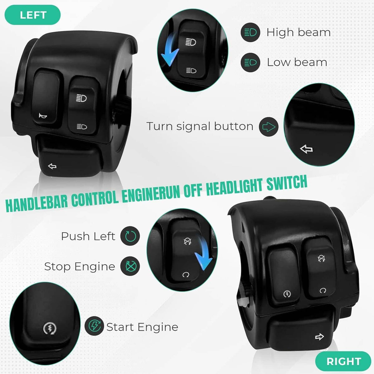 Left and right handlebar switch controls with turn-signal and beam selection buttons