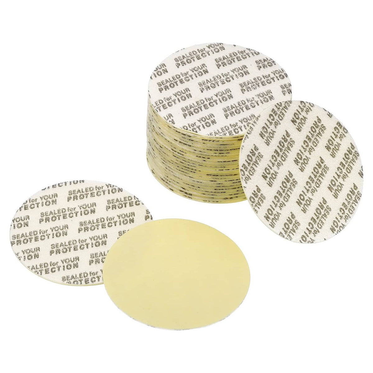 White foam lid liner discs, printed sealing side, stacked 36mm pieces