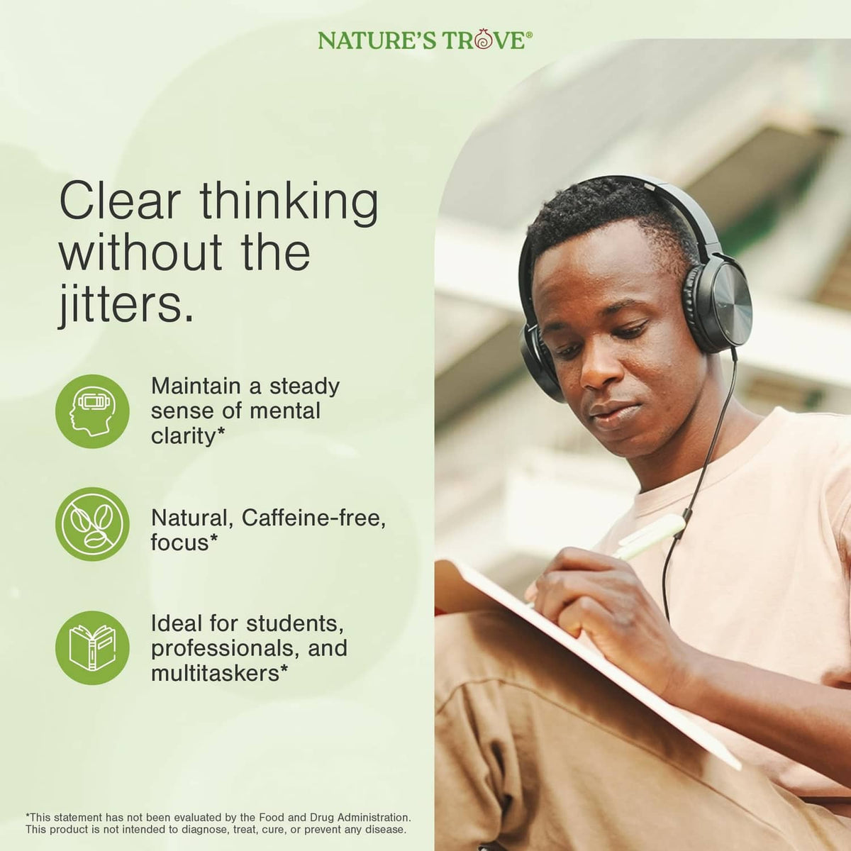 L-Theanine 200 mg supplement promotional concept with person wearing headphones