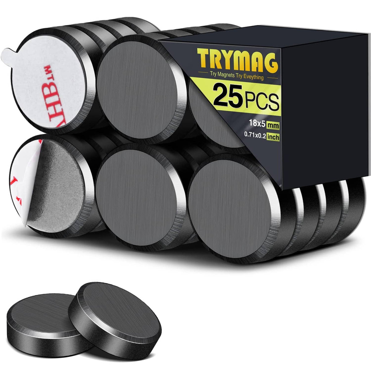 Round disc magnets with dark gray faces and adhesive backing, multiple pieces in a bundle