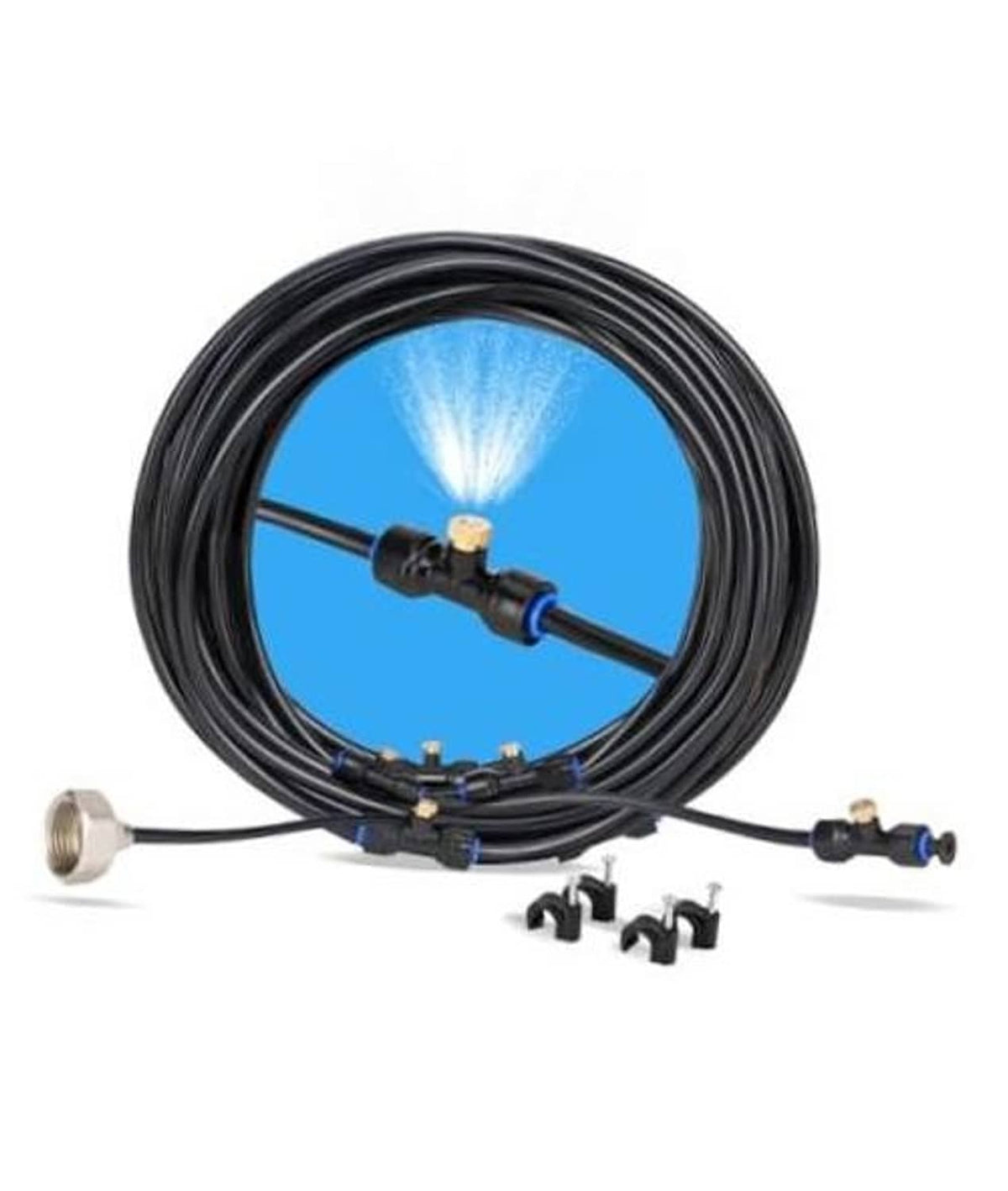 Misting system kit with coiled black hose, brass adapter, and multiple mist nozzles