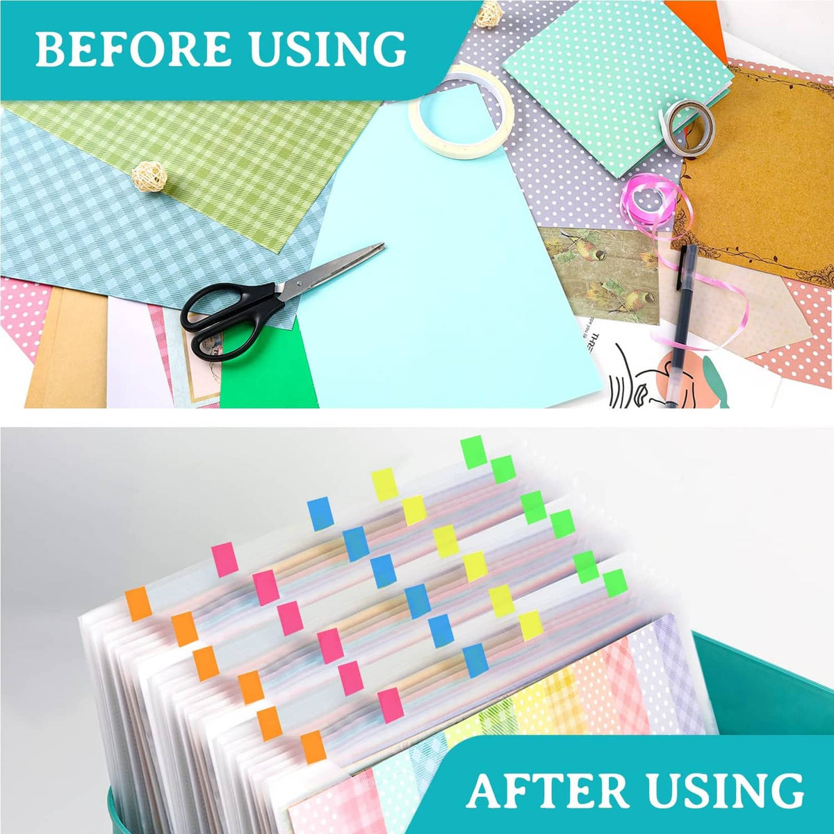 Transparent paper storage organizer showing bundled scrapbook sheets with colorful tab markers