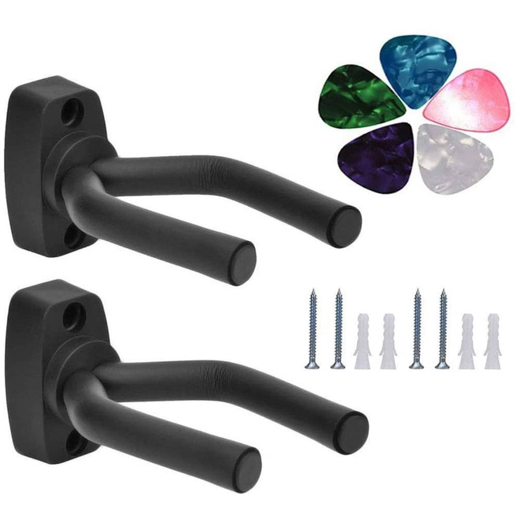 Black wall-mount guitar and ukulele hanger with two padded arms