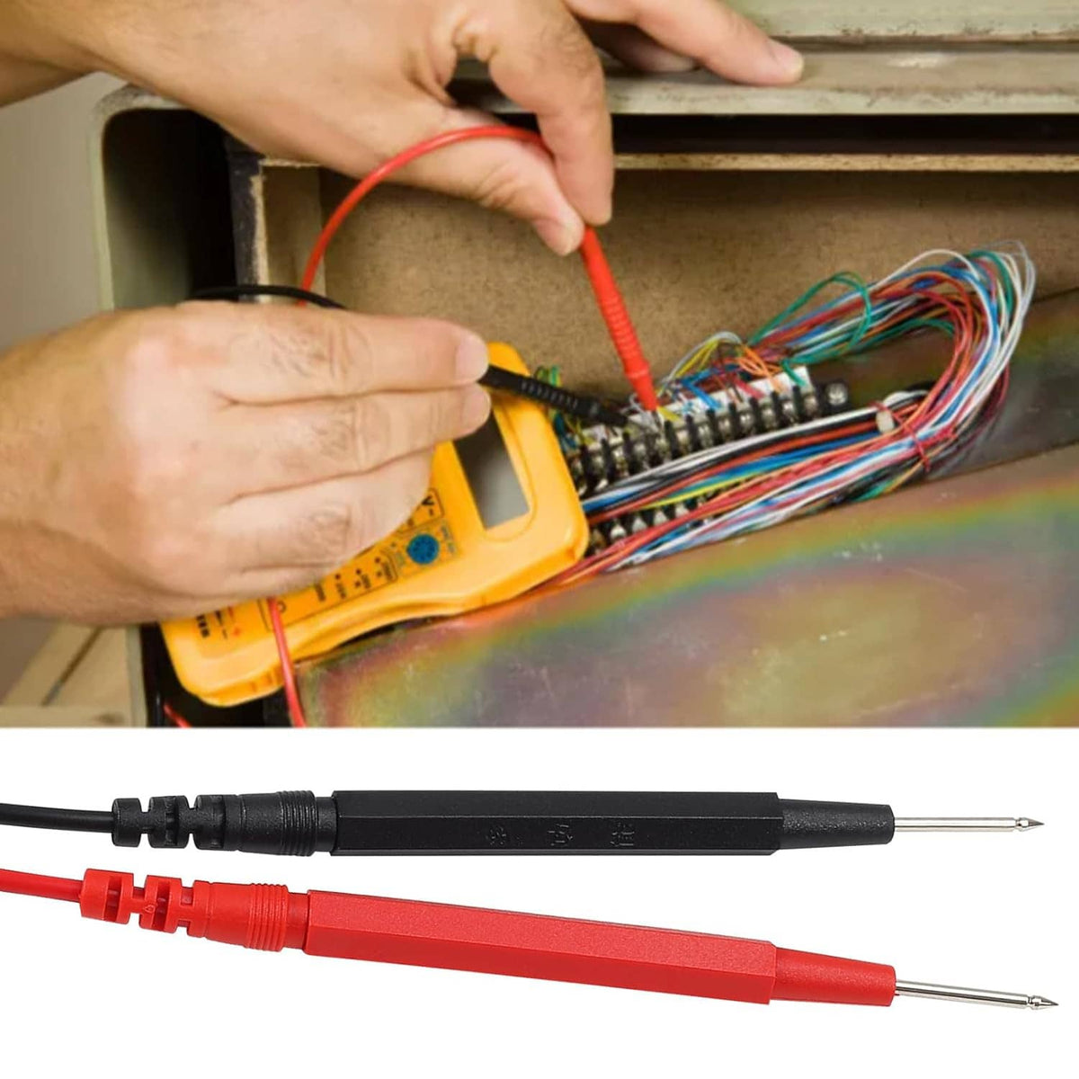 Hand using red and black multimeter leads on an electronics circuit board