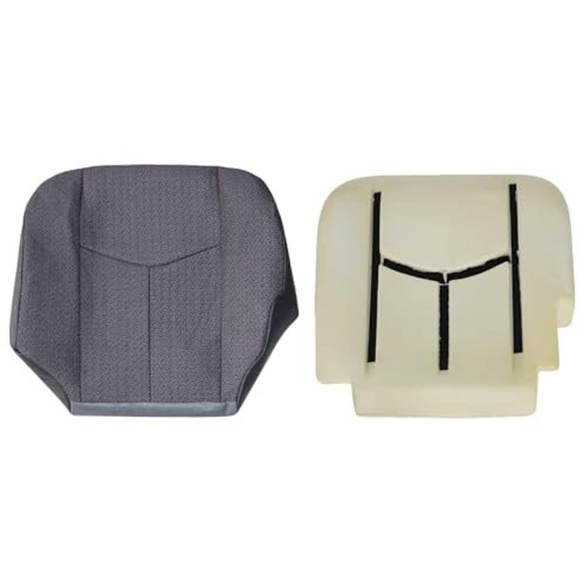 Dark gray cloth driver seat bottom cover and matching light underside mounting piece