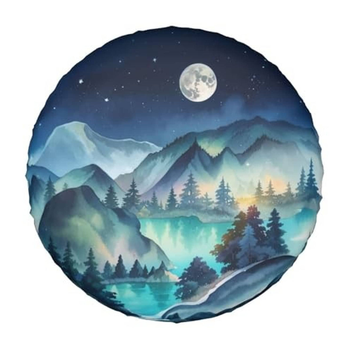 Round spare tire cover with blue night sky, moon, and mountain forest landscape design