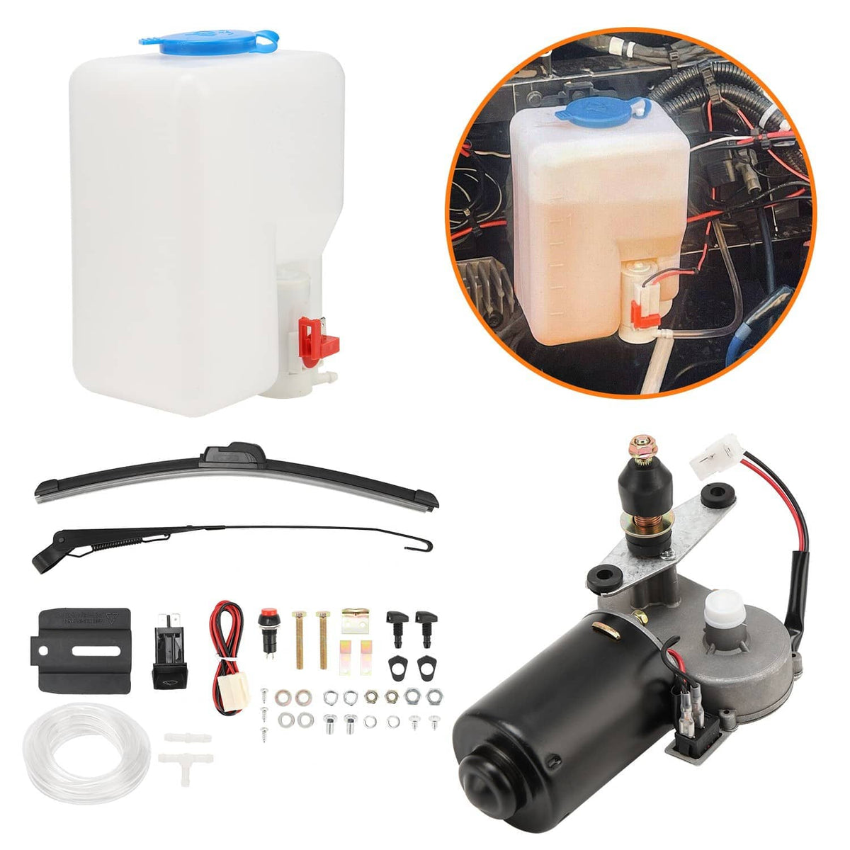 Electric windshield wiper motor and reservoir with two wiper blades and installation hardware