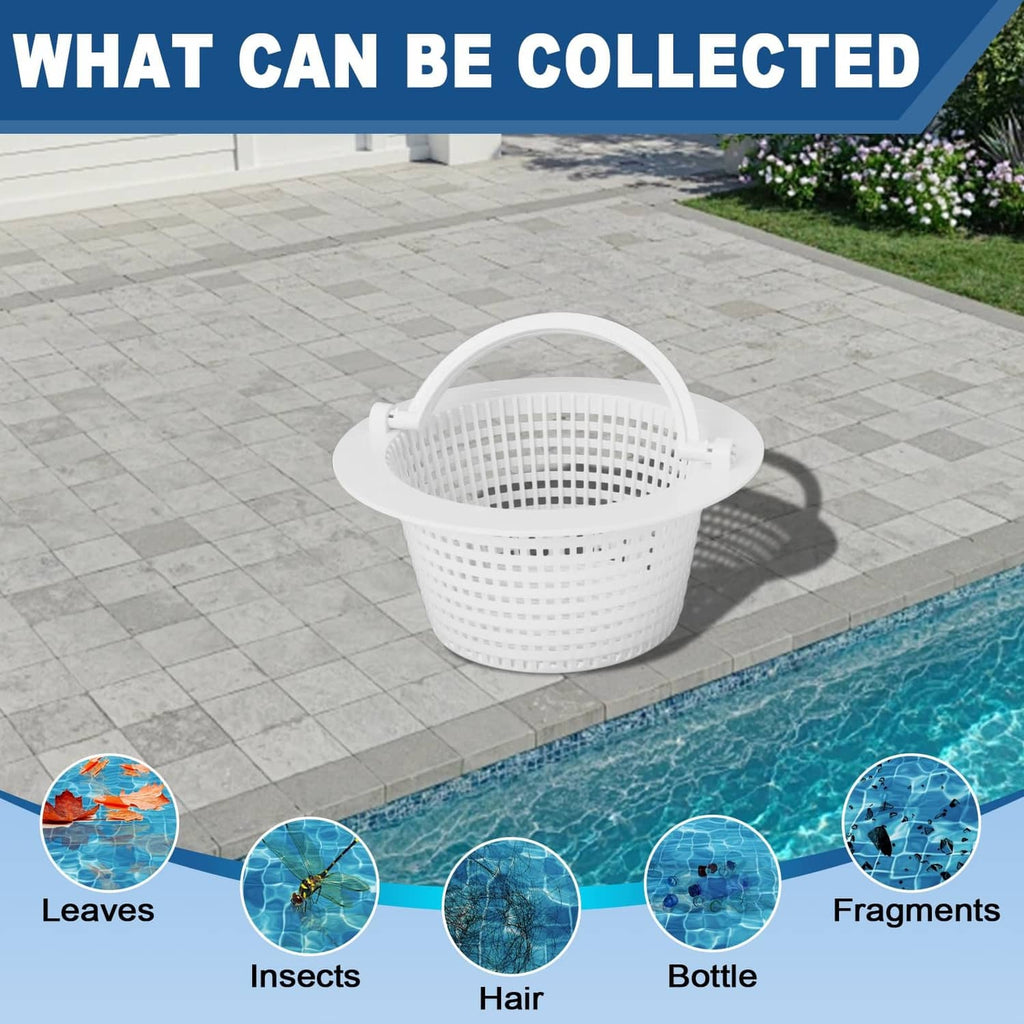 White pool skimmer basket with open mesh basket and molded handle arms