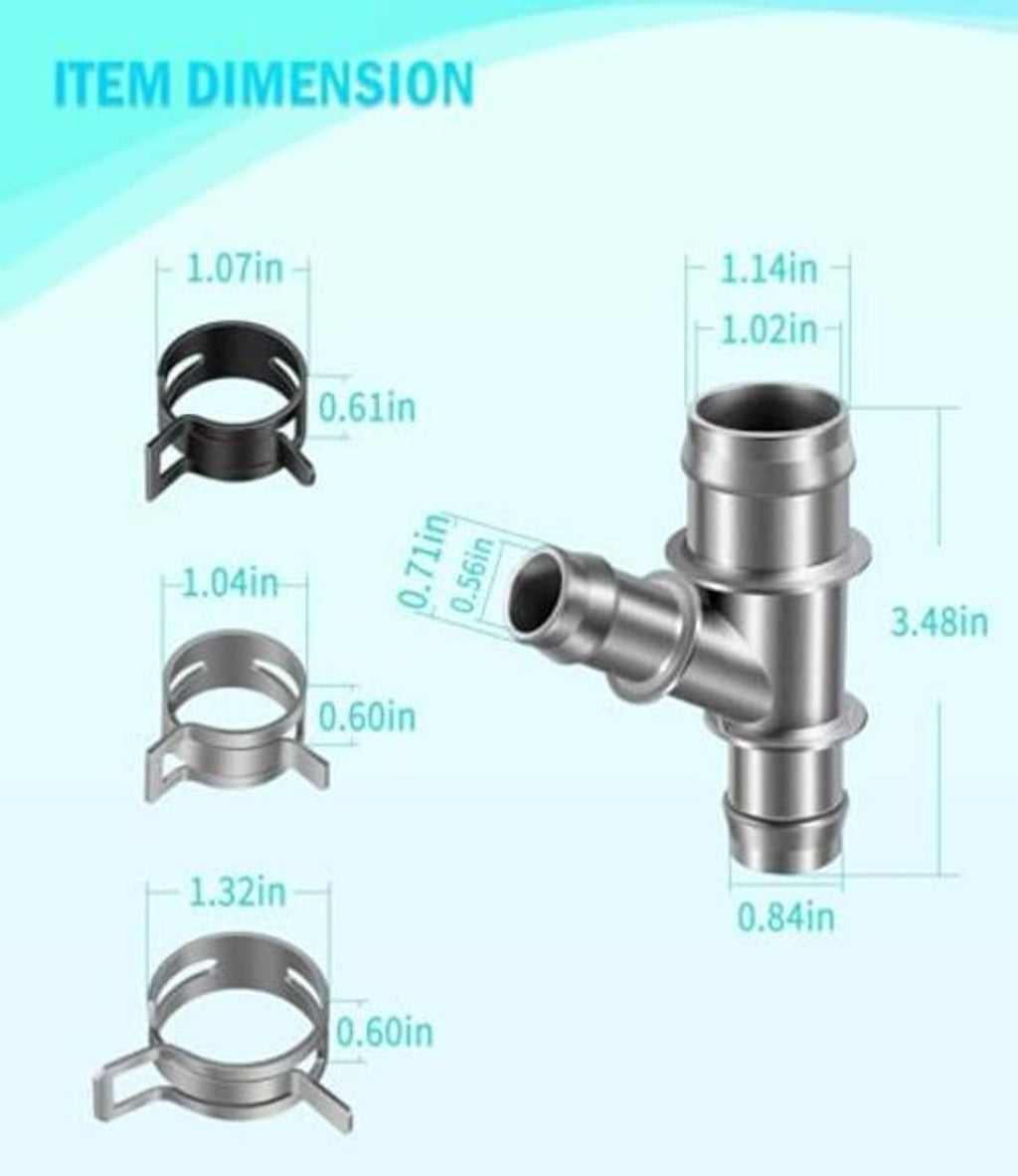 Aluminum coolant hose junction with two hose ports and clamps, shown with size dimensions