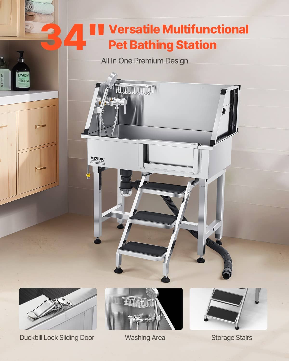 Stainless steel pet grooming bath station with hinged tub door and rolling base