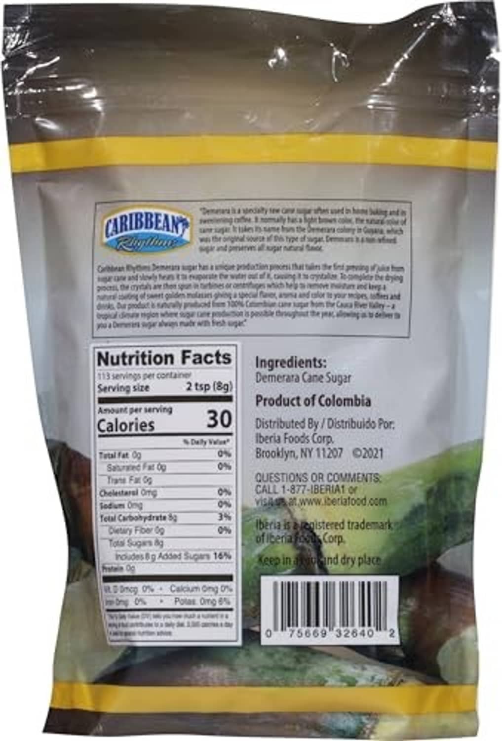 Pure cane demerara sugar pouch back label with nutrition facts and ingredients
