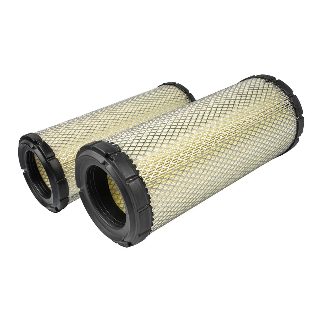 Pair of air filter cartridges angled view; pleated mesh media with black end caps