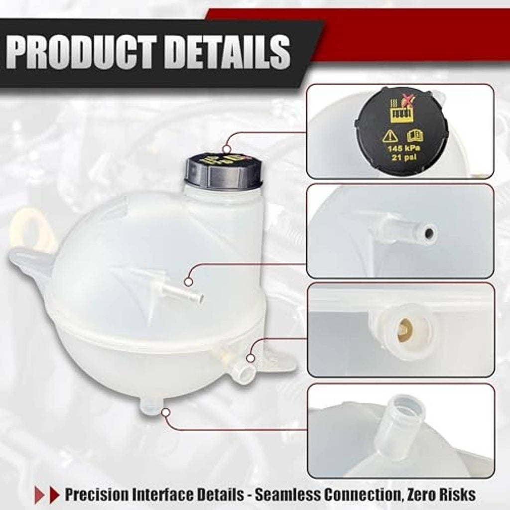 White coolant overflow reservoir with black cap and multiple connector ports, product details