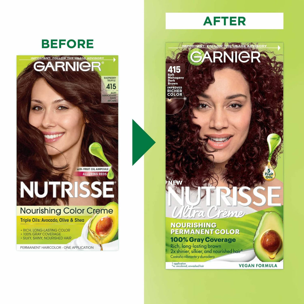 Garnier Nutrisse 415 soft mahogany before-and-after hair color box and results.
