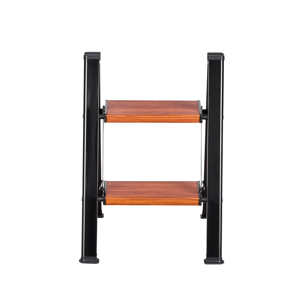 2-step folding ladder front view, black aluminum frame with wide wood non-slip steps