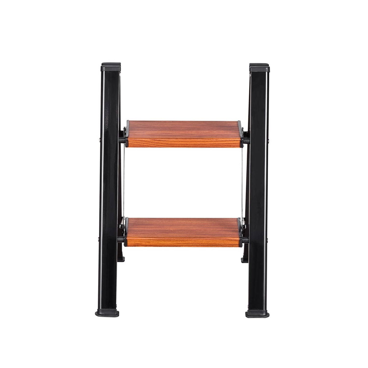 2-step folding ladder front view, black aluminum frame with wide wood non-slip steps