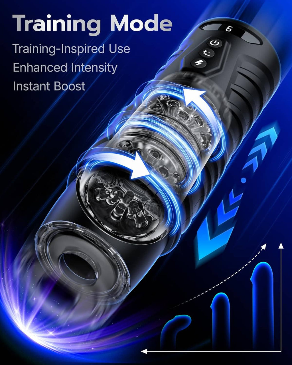 Black automatic masturbator with rotating chamber and top control buttons, side view