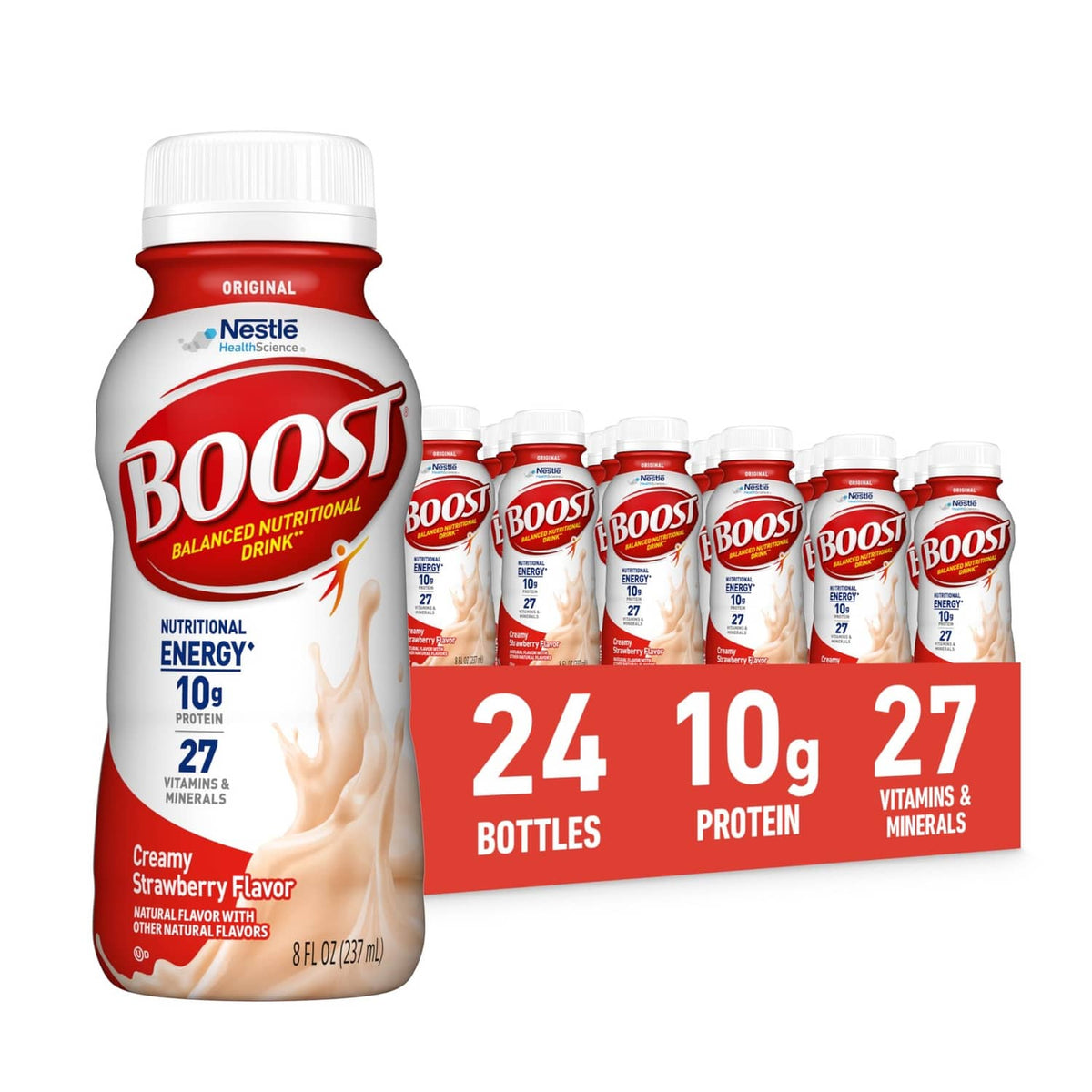 Ready-to-drink nutritional bottle, creamy strawberry flavor, with red cap and white label
