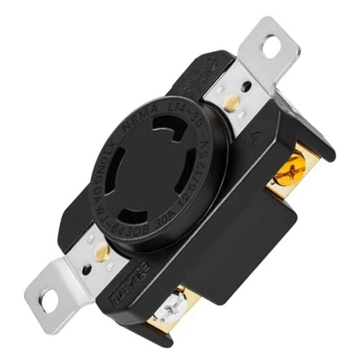 Black L14-30RL twist-lock outlet with silver mounting ears and brass contact openings