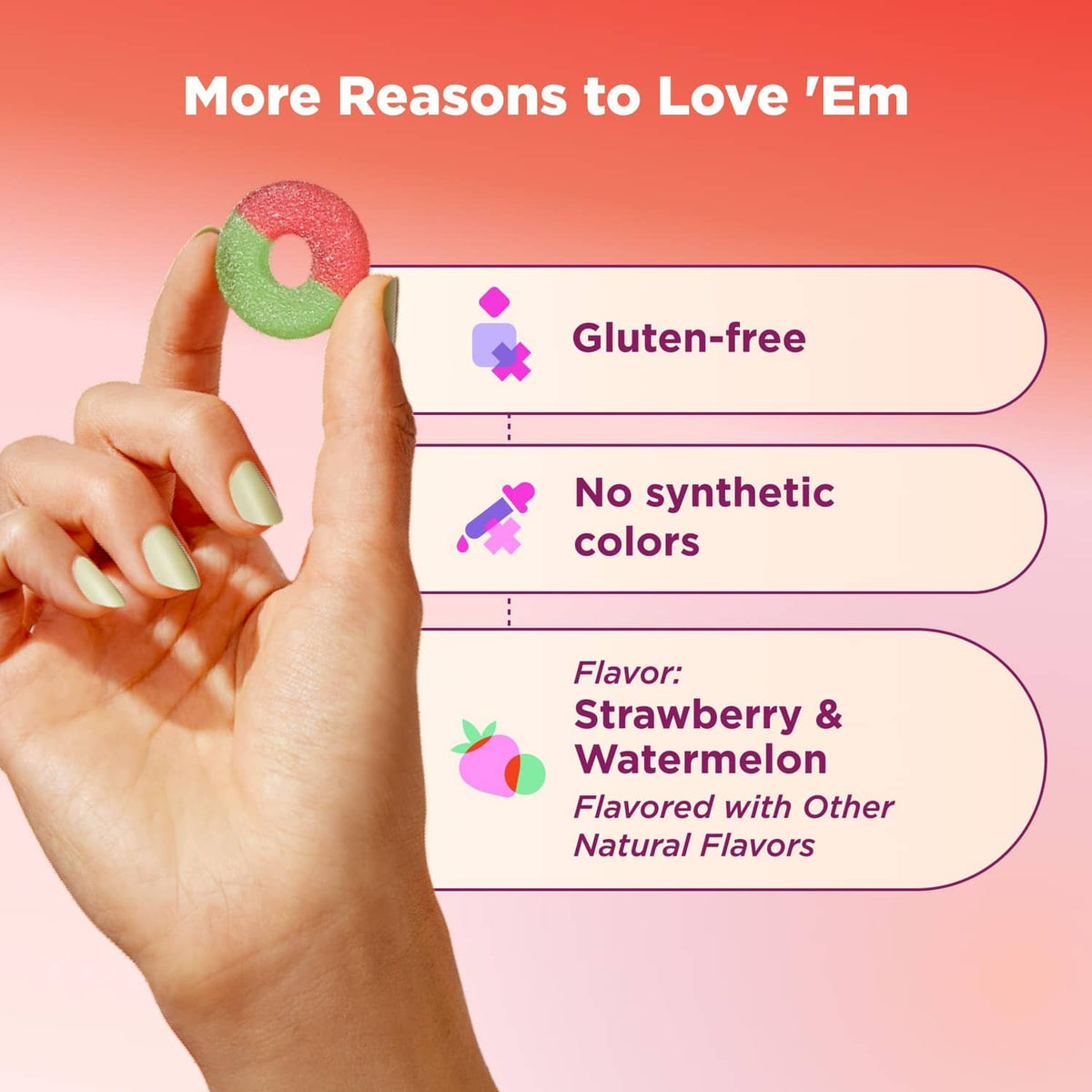 OLLY fiber gummy rings claims: gluten-free, no synthetic colors; strawberry & watermelon flavor