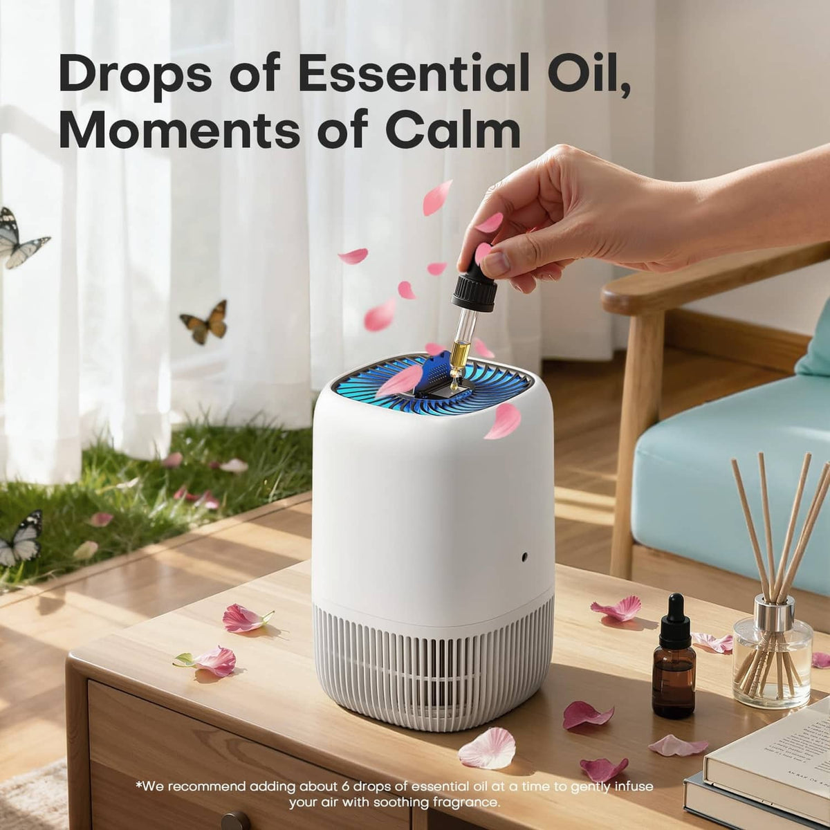 White air purifier with essential oil on top grille