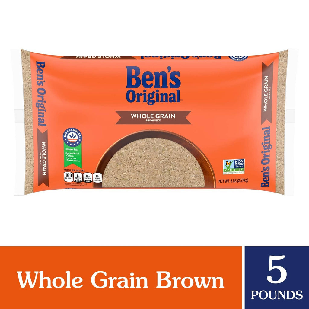 Ben's Original whole grain brown rice 5 lb bag, front view with rice filling window
