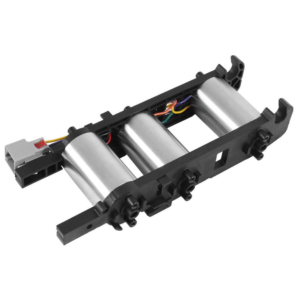 Power seat motor (no memory): black frame with four silver cylinders and multi-color wiring