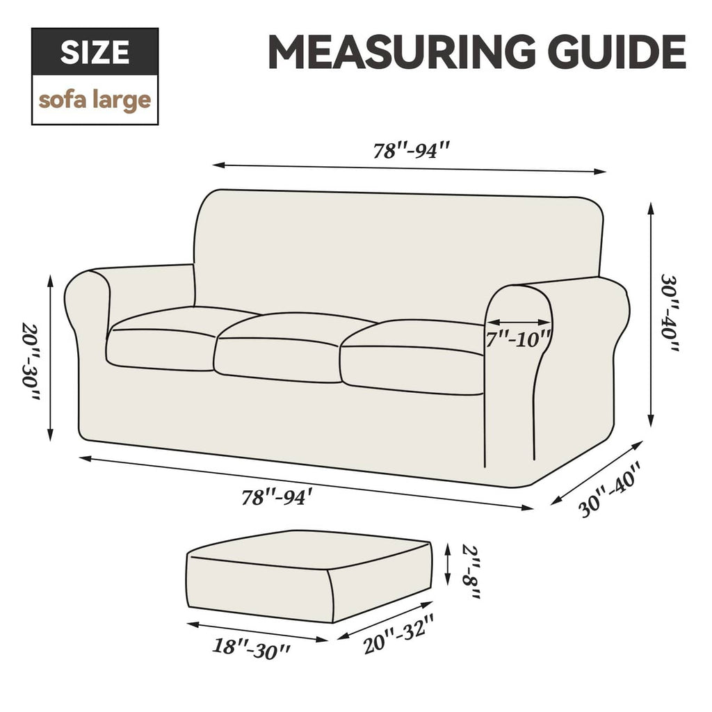 Measuring guide for large sofa cover, size dimensions for 3-cushion fit