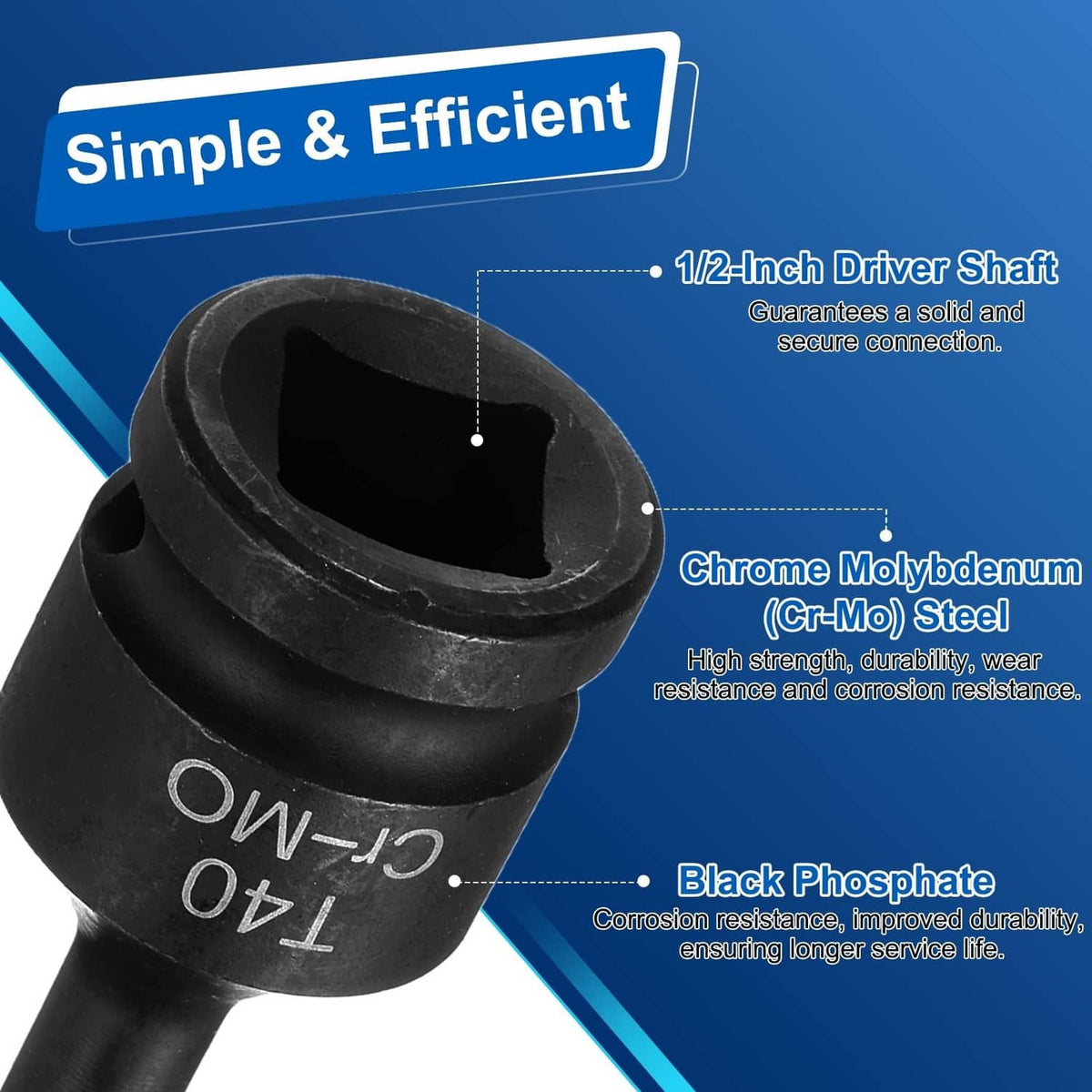 Black phosphated T40 Torx socket bit, 1/2-inch drive shank, Cr-Mo steel
