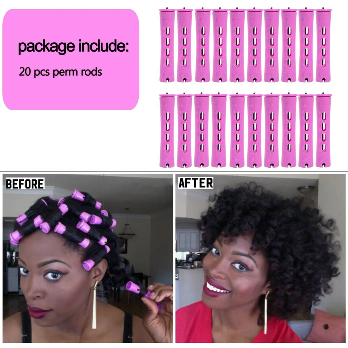 Purple perm rods set showing included 20 pieces and before-and-after curl styling