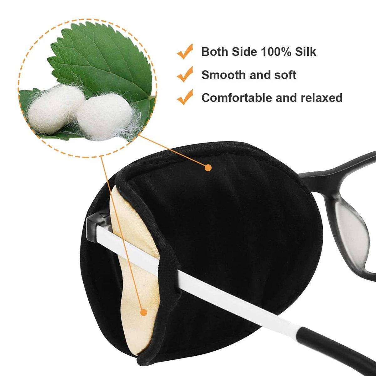 Black and beige over-glasses eye patch with soft cushion pad, left-side style.