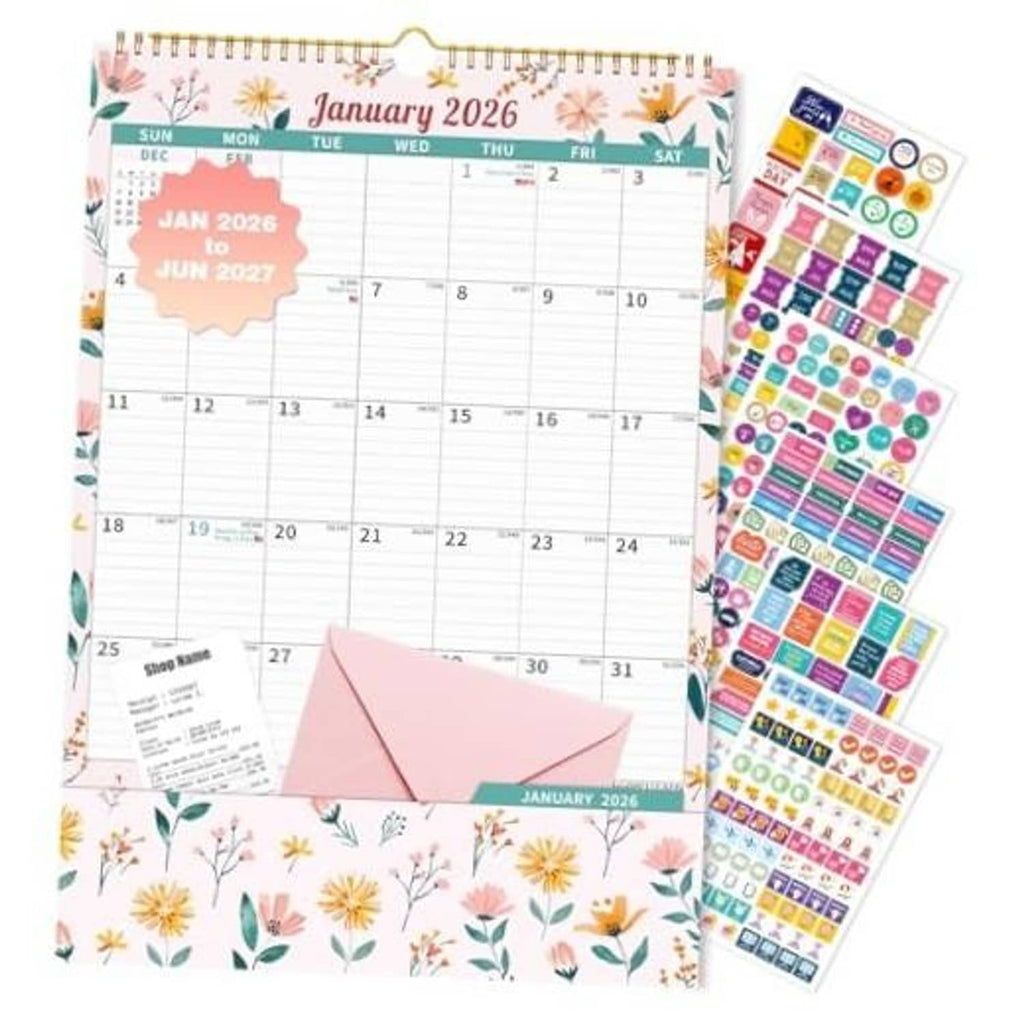 Floral wall calendar 2026–2027, Jan 2026 start, spiral bound, with sticker sheets