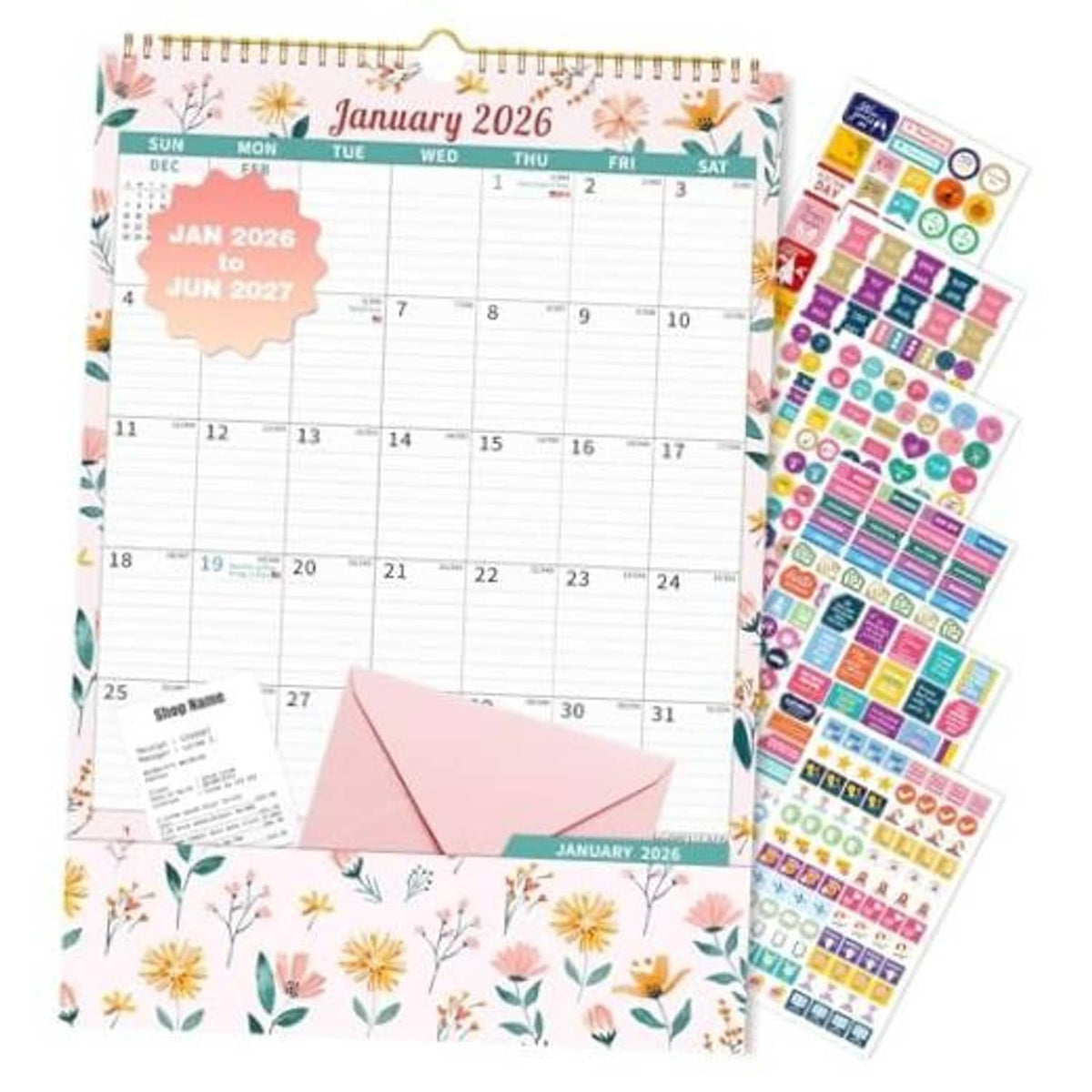 Floral wall calendar 2026–2027, Jan 2026 start, spiral bound, with sticker sheets