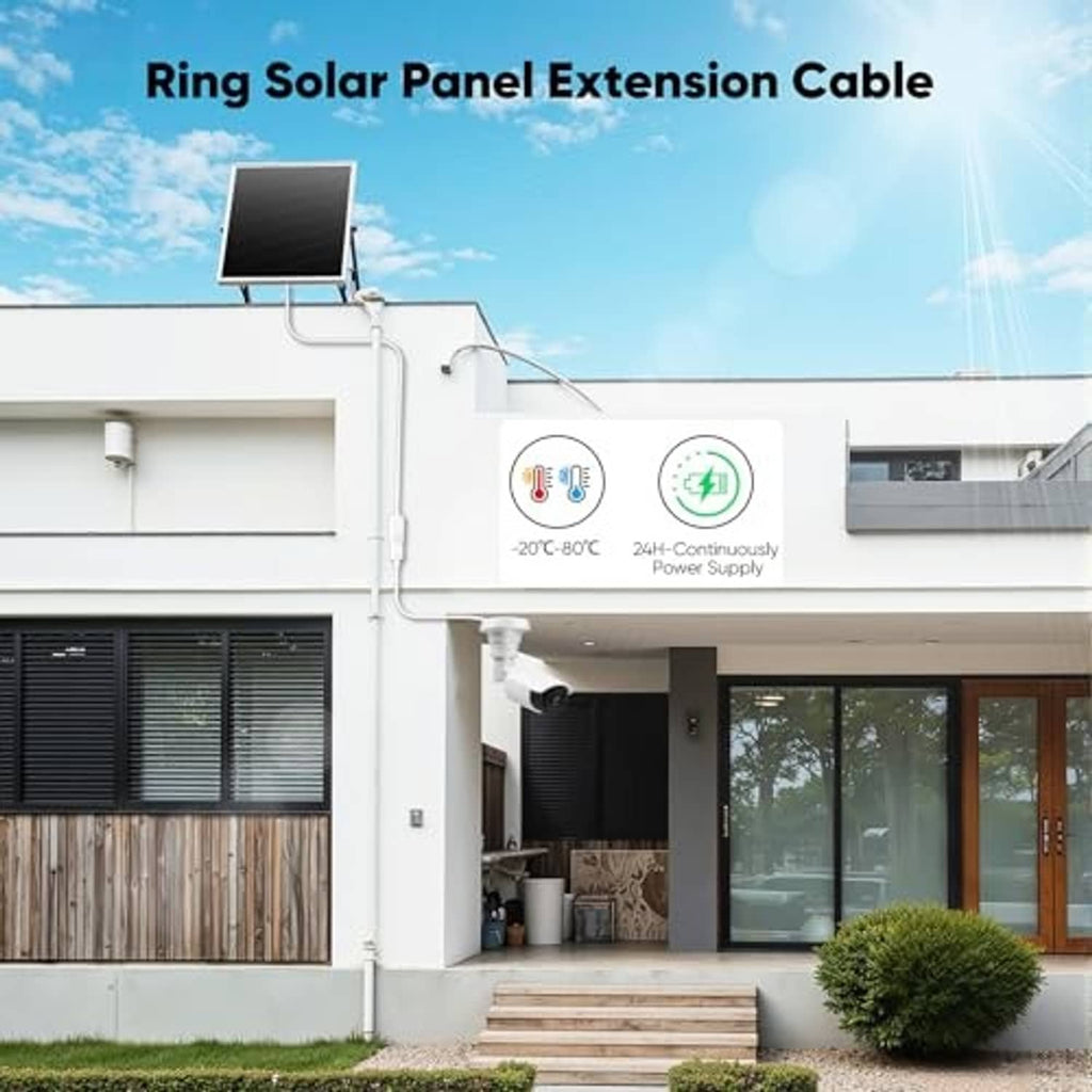 White USB-C extension cable outdoors routed to a solar panel mount