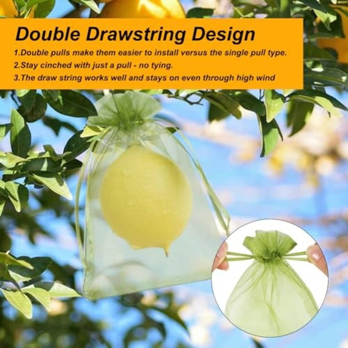 Green mesh drawstring fruit bag with lemon and double-drawstring top detail