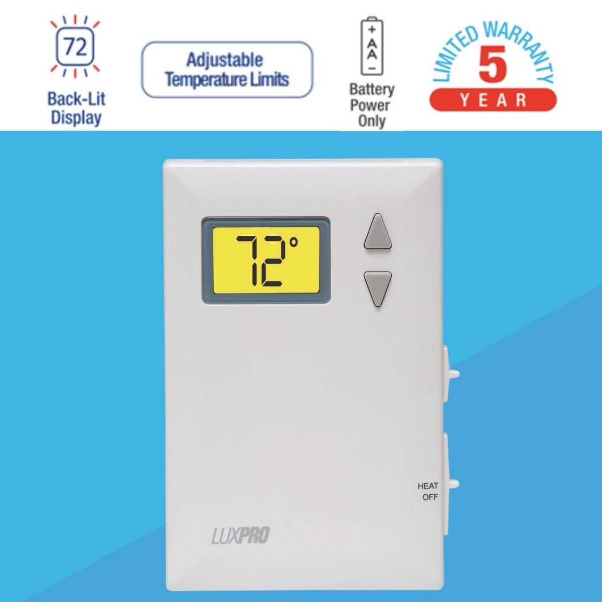 White wall thermostat with backlit LCD display and temperature up/down arrow controls