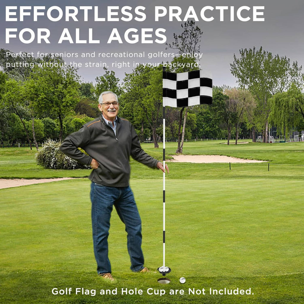 White golf flagpole in-ground with black-and-white checkered flag at the top