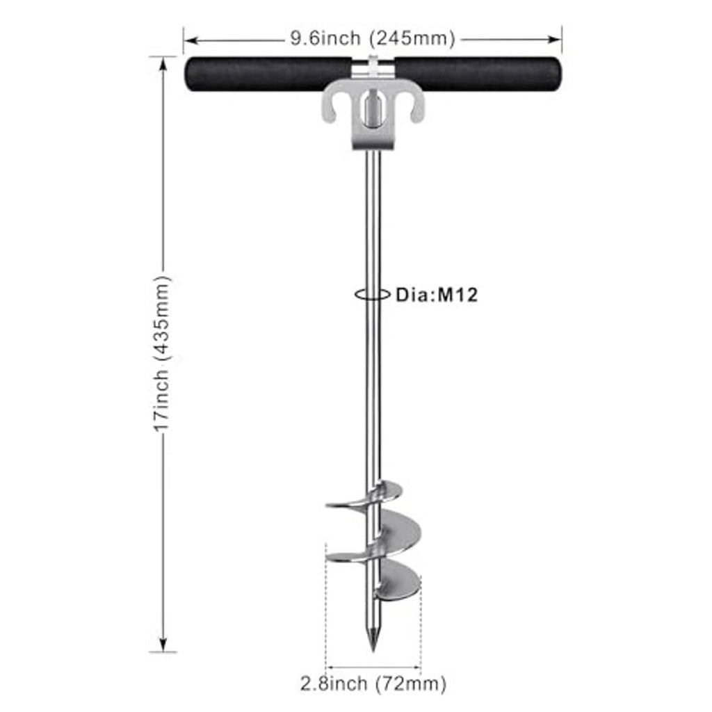 Boat sand anchor size diagram with black grip handle and screw auger