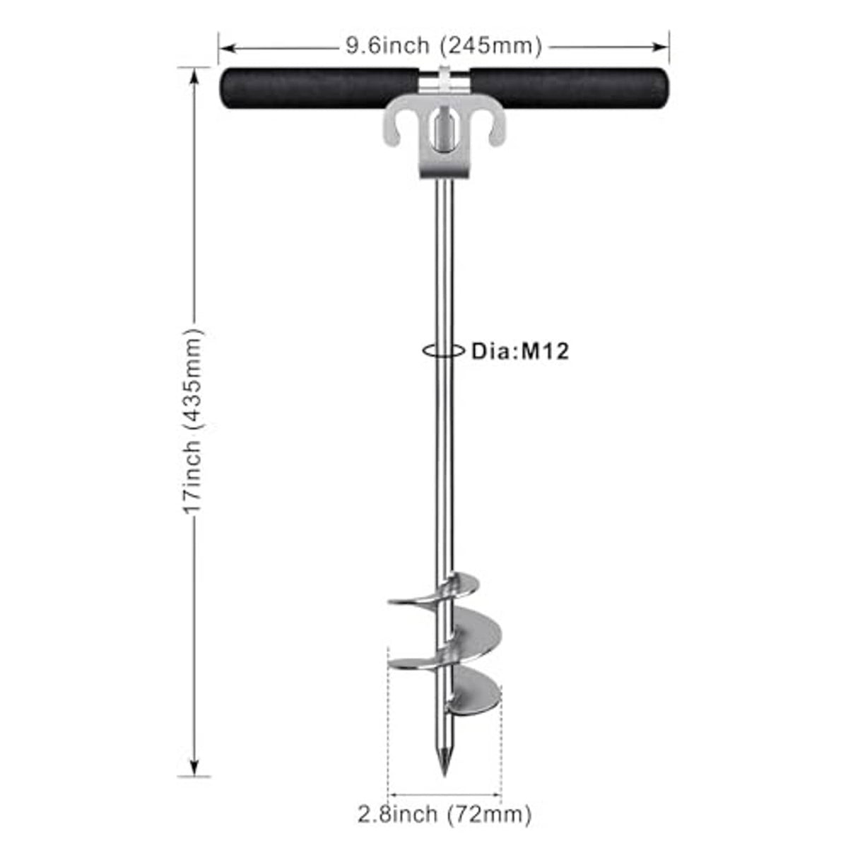 Boat sand anchor size diagram with black grip handle and screw auger